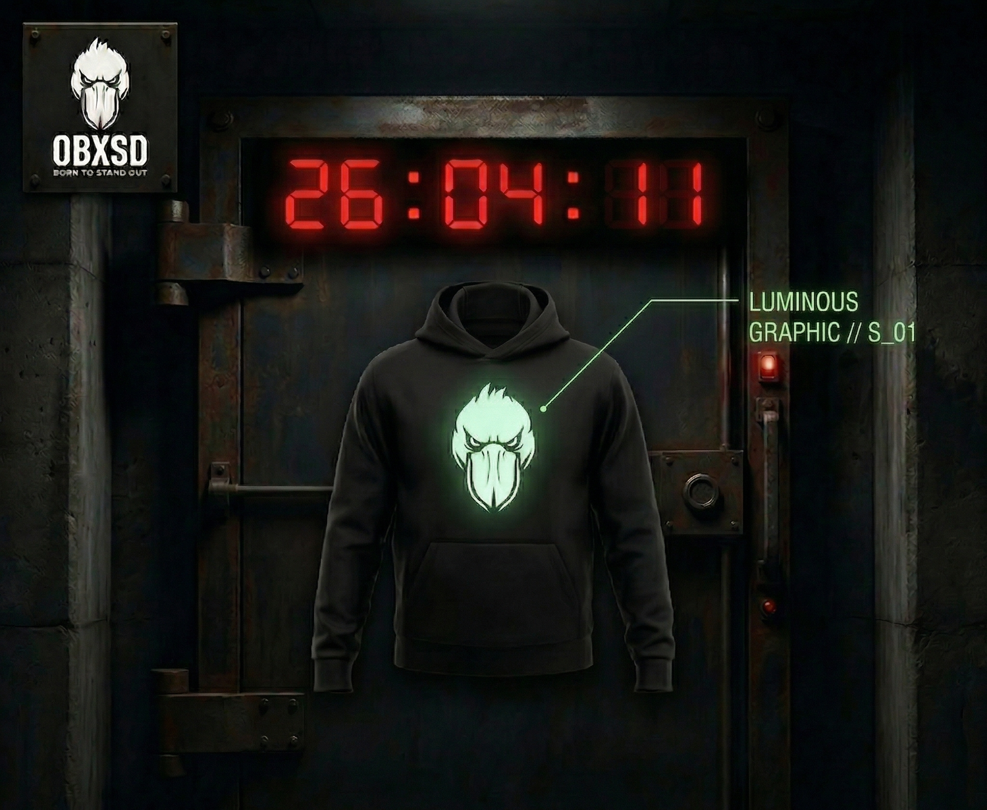 Black hoodie with a glowing logo in front of a digital clock display.