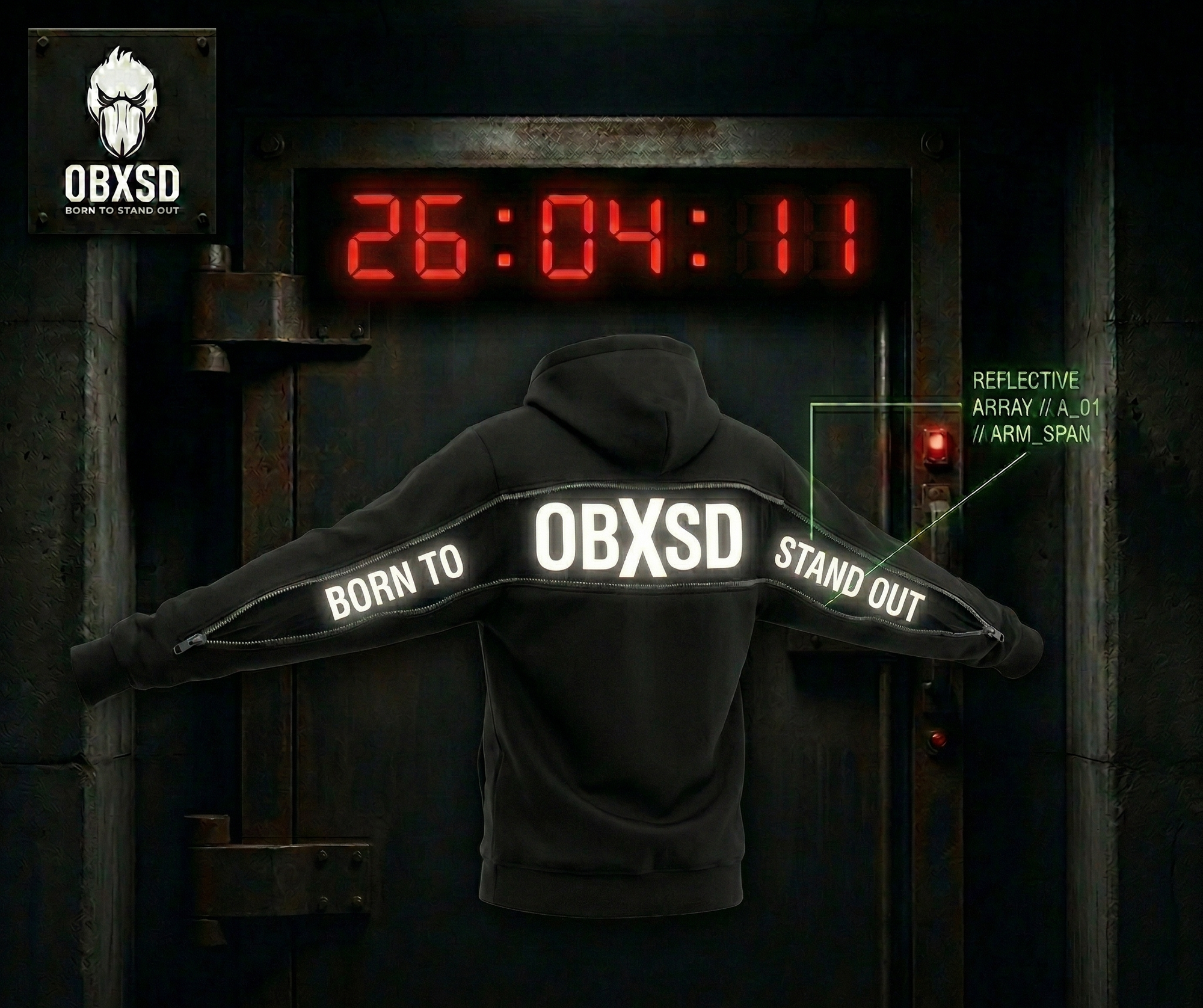 Black hoodie back side with reflective text "BORN TO" on left arm, "OBXSD" in the middle back and "STAND OUT" on right arm exposed by a zipper in front of a digital clock display.