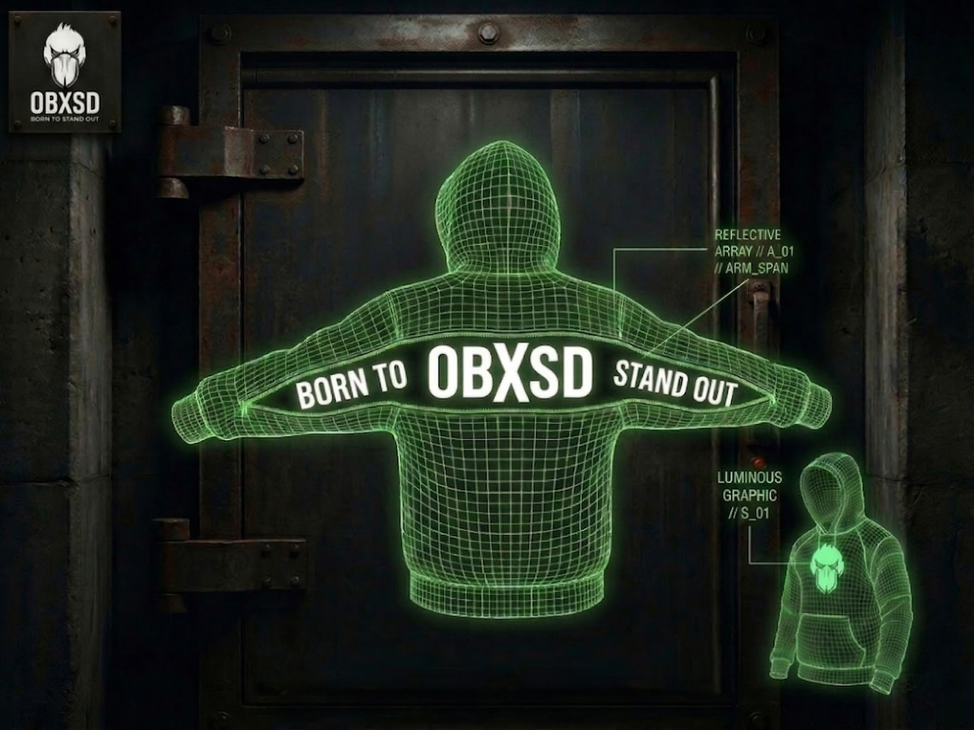 Green wireframe digital render of PROTOCOL:NOCTURNAL hoodie with 'OBXSD' branding on a dark background
